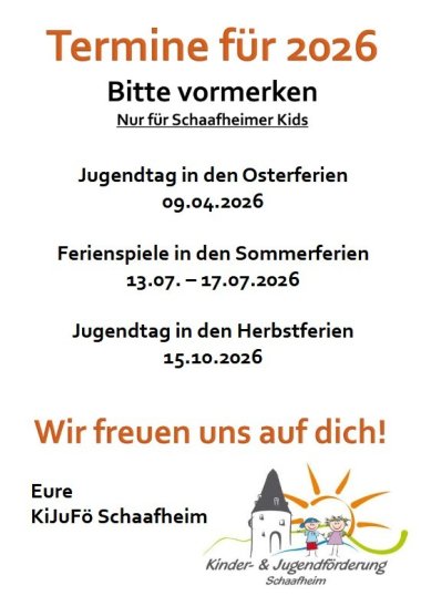 Termine für die Jugendtage und Ferienspiele 2026